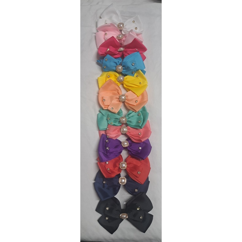 12pc Girls Hair Bow Lot Pearl Rhinestone Grosgrain Ribbon Alligator Clips New